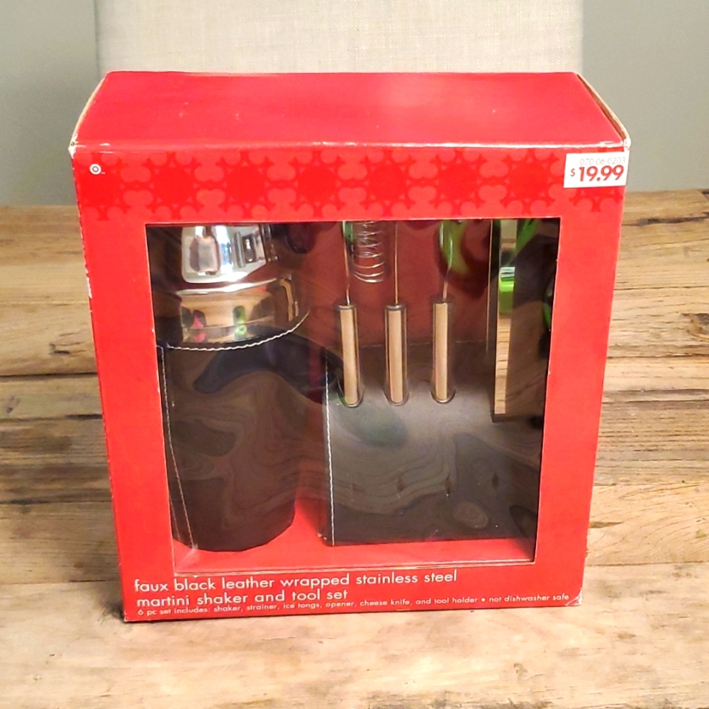 Faux black leather wrapped stainless steel martini shaker and tool set
